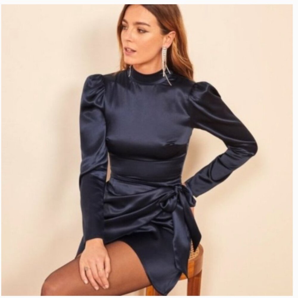 NWT Reformation Navy Silk Josefine Dress